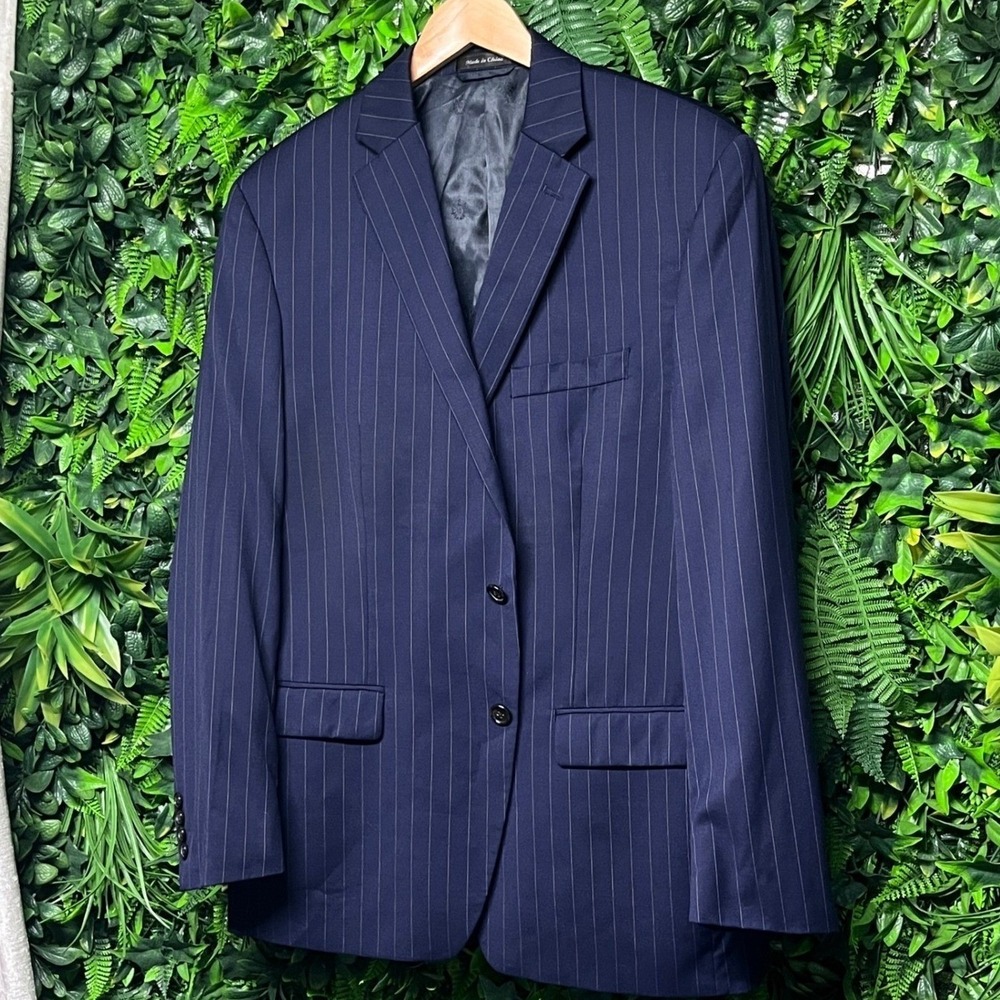 Ralph Lauren Blazer Men 42R Navy Pinstripe Suit Jacket 100% Wool Natural Stretch